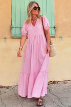 Pink Stripe V Neck Puff Short Sleeve Maxi Dress