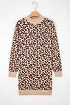 Khaki Leopard Print High Neck Shift Mini Sweater Dress