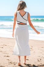 White Stripe Criss Cross Side Slits Slim Fit Sleeveless Midi Dress